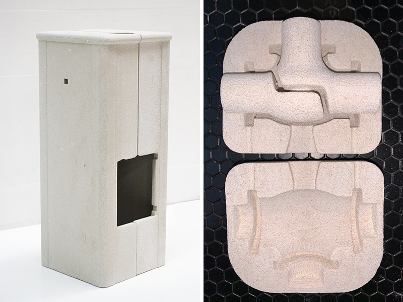 A refractory (left) and foundry (right) applications of the Armadillo Grey 3D printer